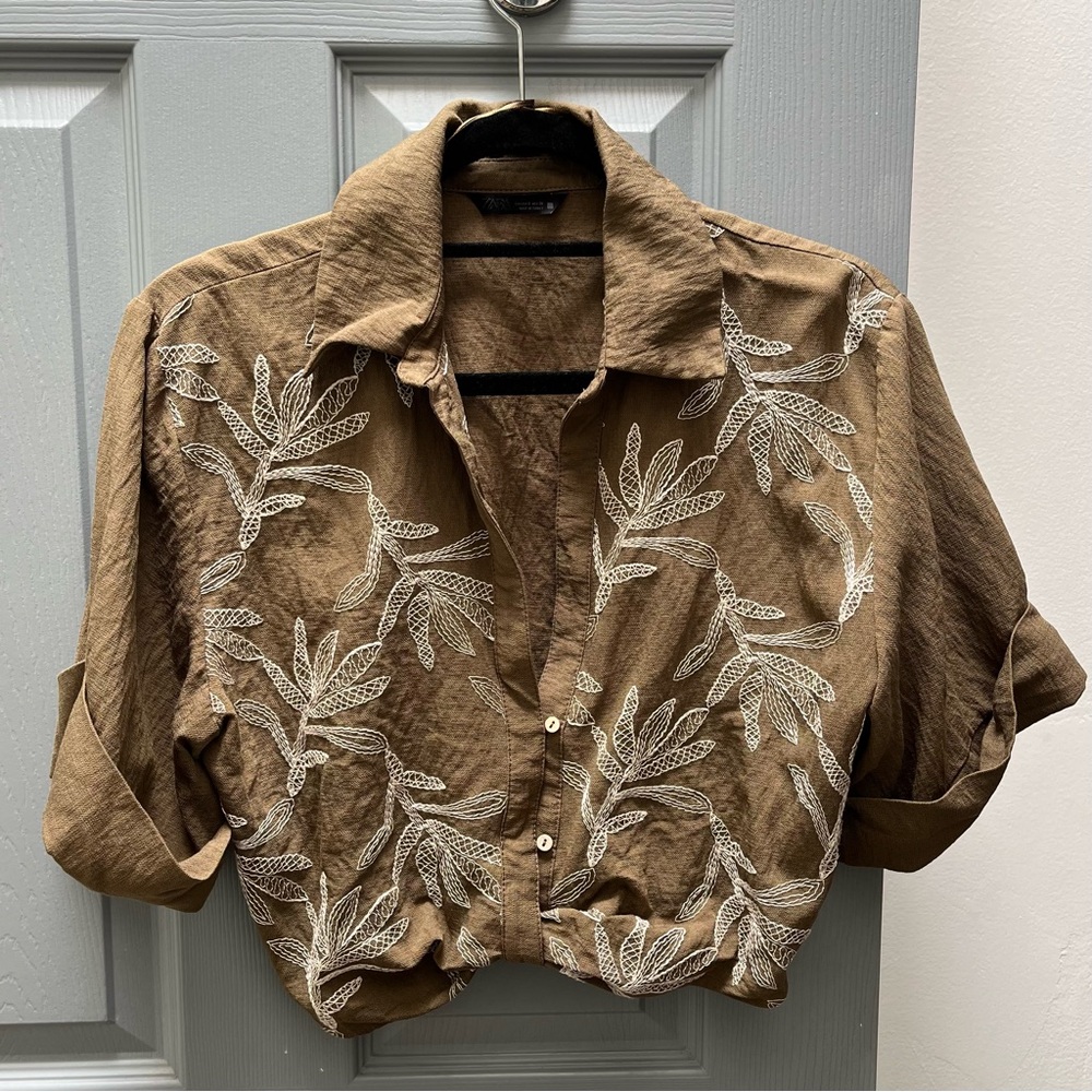 Zara Embroidered Crop Shirt Brown Collared Blouse S!